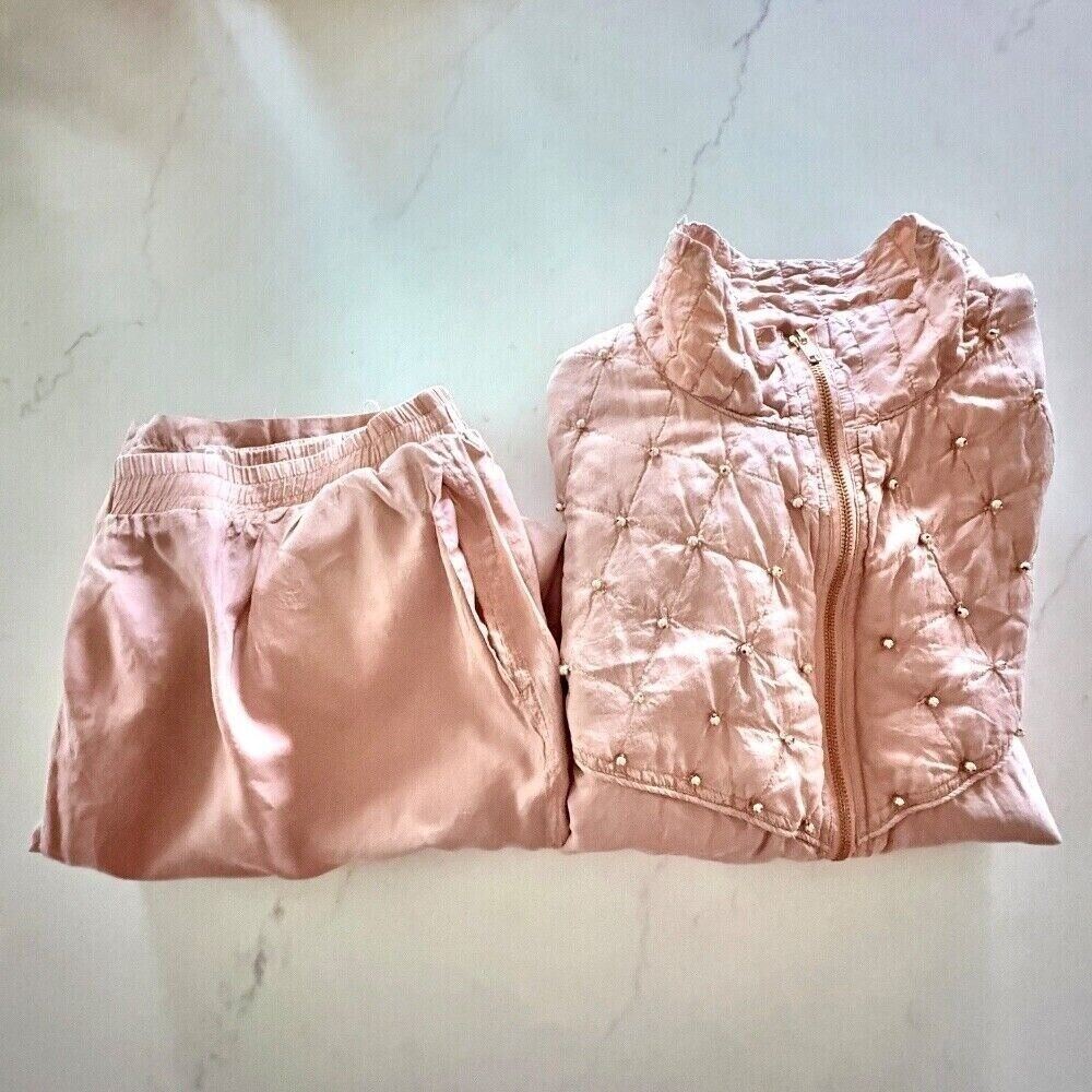 MAURADA Vntg 90's Y2K 100% Silk Pink Tracksuit, Quilted Jacket & Pants Set SZ XL - Picture 13 of 16